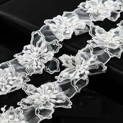 10pcs 3D Pearl Flower Lace Fabric Trim Knitting Wedding Dress Lace Ribbon Craft DIY Patchwork Sewing Accessories Embellishments