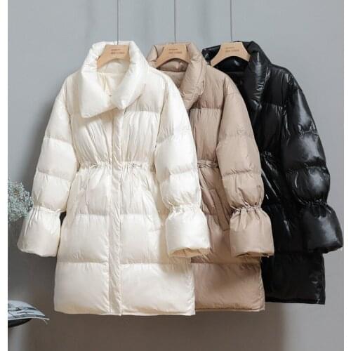 2020 Womens Autumn Winter Stand Collar Long Duck Down Jacket Bread Coat Zipper Slim Waist Female Parka Solid Color
