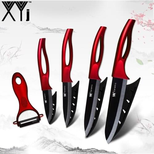 XYj Ceramic Kitchen Knives Set Fruit Slicing Utility Chef Knife Meat Cleaver Black Blade Hollow Handle 5pcs Cooking Knife Set