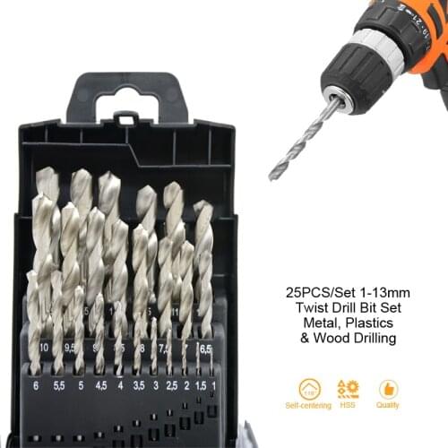 25PCS 1-13MM Metal Drill Bit Set Wood Hole Kit High Speed HSS Accessories in Plastic Box