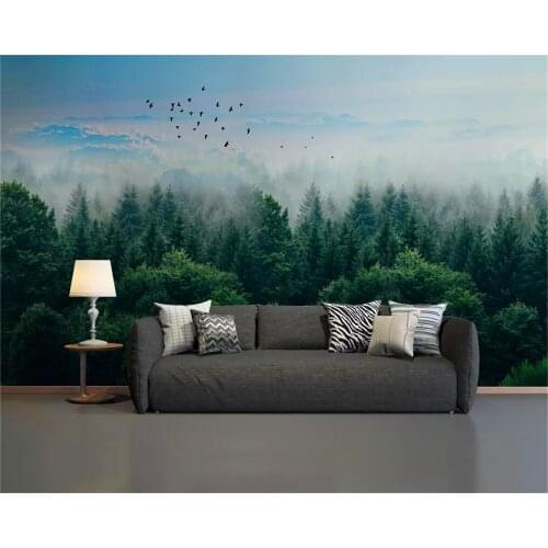 Custom wallpaper mural simple and stylish Nordic minimalist misty forest distant mountain birds background wall