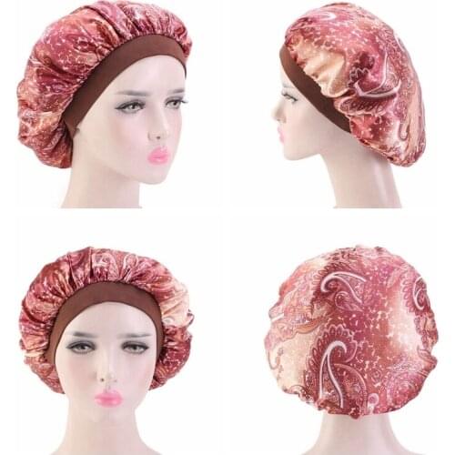 African Amoeba Bonnet Beanie Printing Satin Elastic Wide-Brimmed Hair Care Night Sleep Cap Chemotherapy Hat Polyester Braids