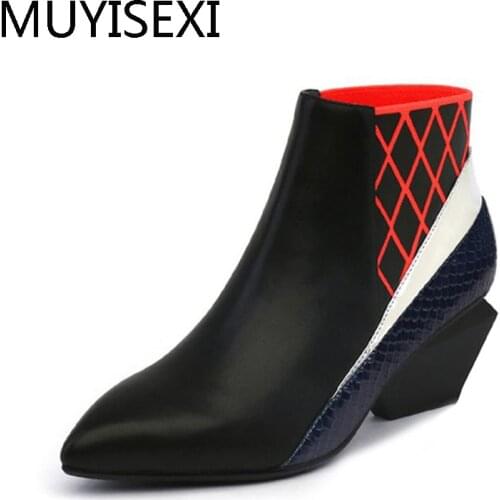 Autumn Boots For Women Genuine Leather Chunky Heel Ankle Boots Elastic Band Pointed Toe Women Boots Black Orange HL20 MUYISEXI