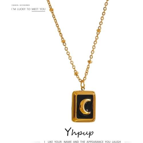 Yhpup Stainless Steel Enamel Moon Pendant Necklace Titanium Steel Jewelry Stylish Metal Square Collar Necklace Anniversary Gift