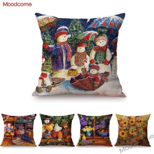 Christmas Countryside Floral Pattern Cute Cartoon Anime Lovely Bear Cozy Home Decoration Sofa Cushion Cover Linen Car Pillowcase