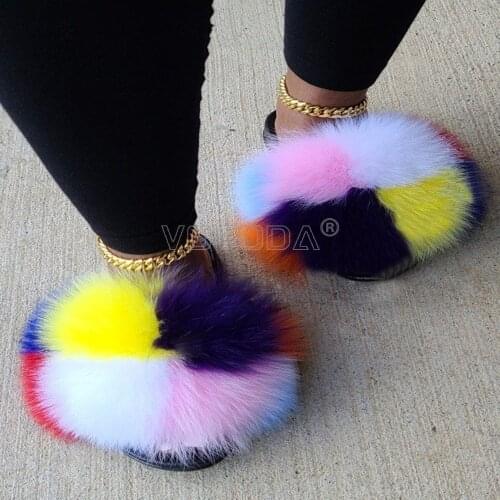 Fluffy Furry Fur Slippers For Women Plush Fox Fur Slipper Girl Soft Flat Home Shoes Ladies Flip Flops Rainbow Fur Slides Sandals