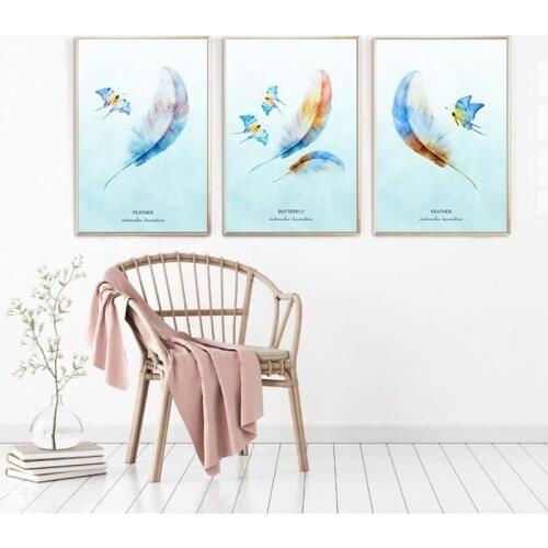 Nordic Beautiful Watercolor Feather Butterfly Canvas Painting Modular Wall Pictures for Living Room Unframed Home Decoration