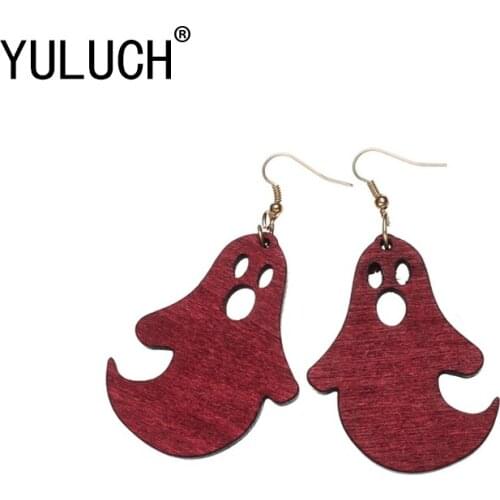 YULUCH Novelty Cute Little Devil Head Wood Pendant Earrings For Women Party Halloween Jewelry Ladies Special decoration