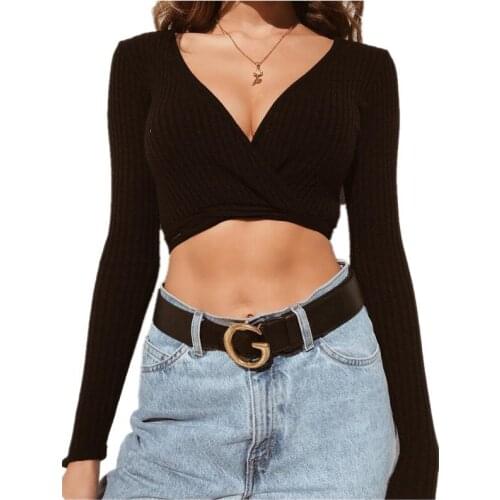 Fall 2020 fashion waist solid T-shirt sexy deep V-neck womens top T-shirt long sleeve knitted casual T-shirt top