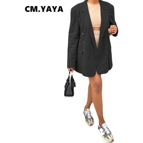 CM.YAYA Women Blazers Solid Full Sleeve Notched Collar Single Breasted Loose Straight Blazers Office Lady Fashion Clothing Fall