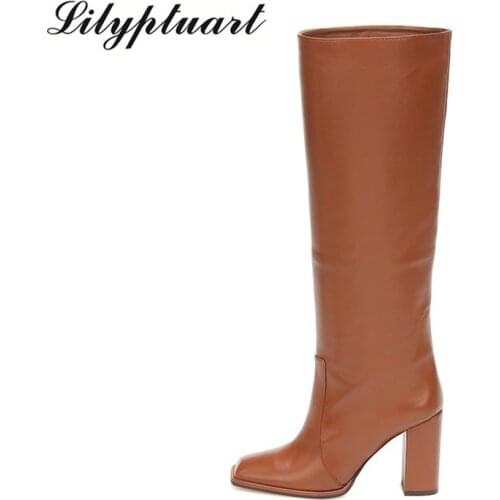 European and American style square toe large size womens shoes straight super high thick heel and knee boots shoes for women