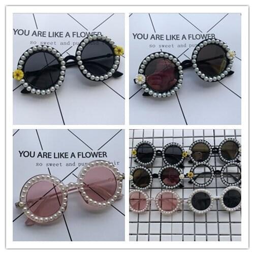 Women Sunglasses Pearl Round Shape Small Handmade Female Sun Glasses UV400 Cute Shades Luxury Diamond Black