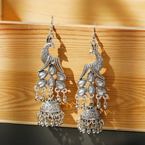 Women Vintage Oxidized Peacock Jhumka Earrings Indian Jewelry Turkish Bells Tassel Statement Earring Tribal Gypsy Jewelry