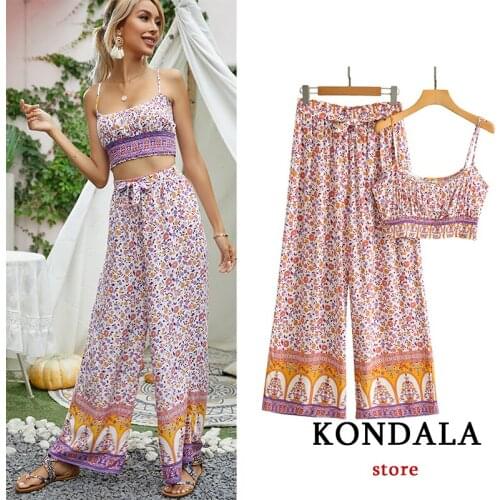 Za Summer Boho Women Sets Floral Print Kaftan Two Pieces Cami Cropped Tops Women and High Waist Wide Leg Pants Women 2021 Suits