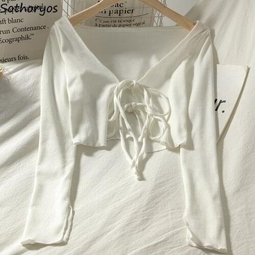 Cardigan Women Loose Bandage Lace-up Summer Breathable Sun-proof Outwear Girls All-match Crop Tops Elegant Casual OL Streetwear
