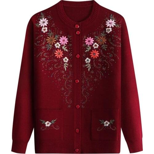 Winter Cardigan Jacket Elderly Women Knit Sweater Coats Plus size Knit embroidery Sweater Female Grandma Sweaters Cardigans R446