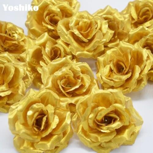 10PCS Artificial Gold/Silver Rose Silk Flower Heads Decoration for Wedding Party Banquet Gift Decorative DIY Bridal Flowers