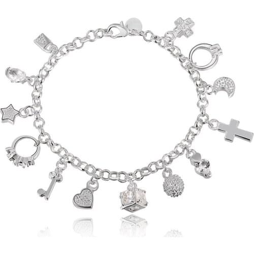 2020 925 Sterling Silver 13 Charms Cross Lock Key Heart Star Moon Flower Zircon Bracelet Bangle Womens Fine Jewelry Accessories