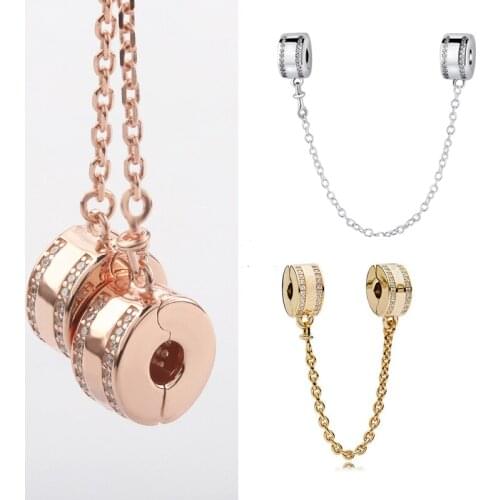 Free Shipping 925 Sterling Silver Rose Golden Safety Chain Charms Fit Original Bracelet For Women DIY Jewelry S925 Beads