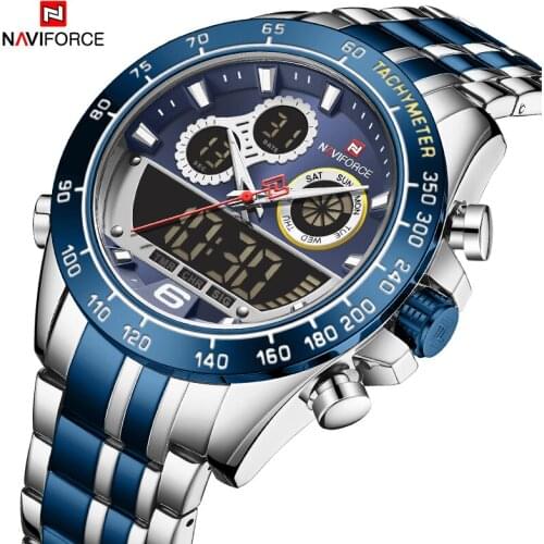 2021 NAVIFORCE Fashion Sports Men Creative BackLight Digital Quartz Dual Display Wristwatches Full Steel Waterproof Male Clock