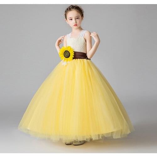 Kids Sunflower Dresses Girl Elegant Long Prom Tulle Gowns Children Grade Graduation Dress Teenager Evening Party Formal Vestidos