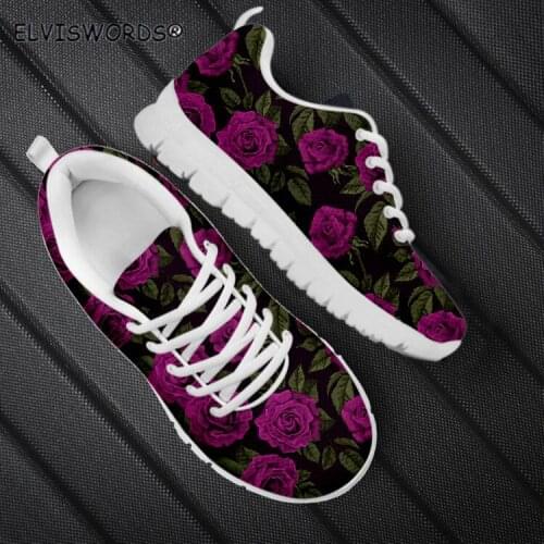 ELVISWORDS Charming Rose Design Breathable Air Mesh Sneakers for Ladies Leisure Womens Flat-Shoes Non-ship Woman Sports Shoes