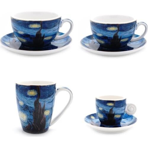Van Gogh Starry Sky Ceramic Coffee Cup Creative Vintage Cup Cafe Bar Supplies Embossed Breakfast Gold Inlay Cup For Barista