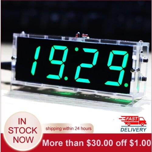 Compact DIY Digital LED Clock Kit 4-digit Light Control Temperature Date Time Display W/ Transparent Case for indoor outdoor