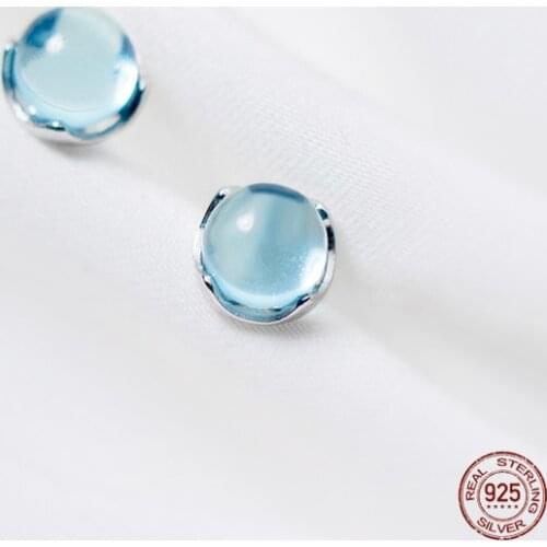 LKO 925 Sterling Silver Blue Transparent Stone Round Stud Earrings For Fashion Women Engagement Party Fine Jewelry Ornaments