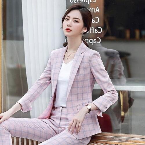 IZICFLY New Spring Autumn Pink Plaid Womens Suits Blazer With Pants Business Slim Office Outfits Work Wear 2 Piece Set Trouser