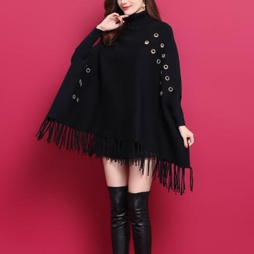 ZJZLL Latest Turtleneck Crochet Long Sleeves Winter Tassel Cape Pullover Winter Viscose Cotton Shawl Women Warm Sweater Poncho