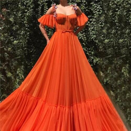 Peach A-Line Sexy Latest Design Prom Dresses 2020 Short Sleeves Handmade Butterfly Prom Gowns Serene Hill BLA70028