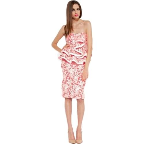 2016 New Novelty Floral Print Strapless Peplum Party Dress For Women Backless 2 Layer Floral Dresses Vestidos