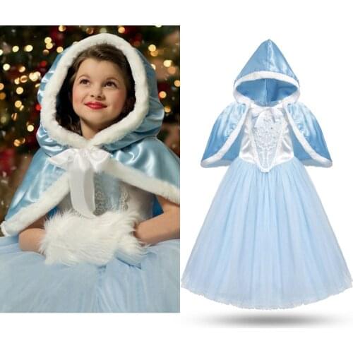 Christmas Costume for Girls Cendrillon Princess Dress up Costumes with Hooded Cloak Kids Floral Party Birthday Cosplay Fantasy