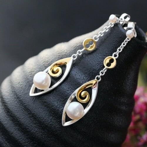 Handmade Creative New Trendy Long Tassel Earring Inlaid Natural Freshwater Pearl Lady 925 Sterling Silver Earrings Fine Jewelry