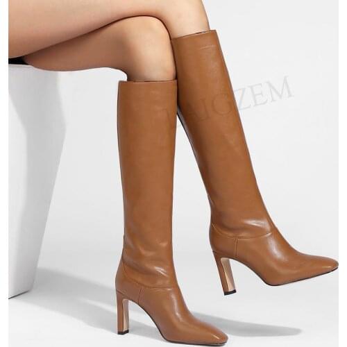 LAIGZEM Women Knee High Boots Pull On Square Heels Faux Leather Dress Boots Botines Mujer Shoes Woman Large Big Size 39 42 43
