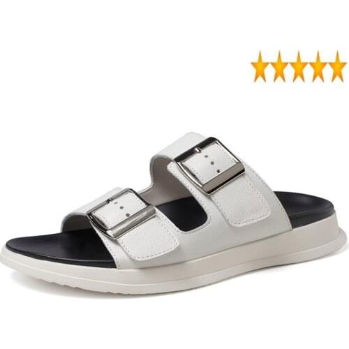 Mens Genuine Summer Leather Buckle Outdoor Slippers Personality Casual Sandals Slides Brand Breathable Black White Beach Shoes