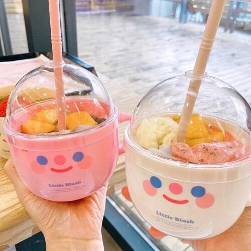 Cute INS Mugs with Straw Smile Face Water Cup with Lid Plastic Bowl Water Bottle Coffee Cups Fruit Salad Breakfast Milk Mugs
