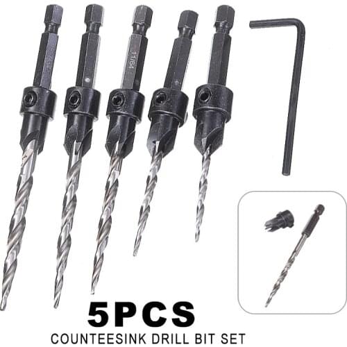 5pcs HSS Hex Shank Wood Countersink Drill Bit Set Woodworking Hex Shank Drill Bits Screw Hole Opening Bits