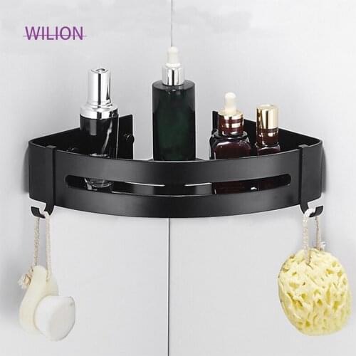 No Drilling Matt Black Aluminum Bathroom Corner Shelf Wtih 2 Hooks Self Adhesive Shower Storage and Organization Holder