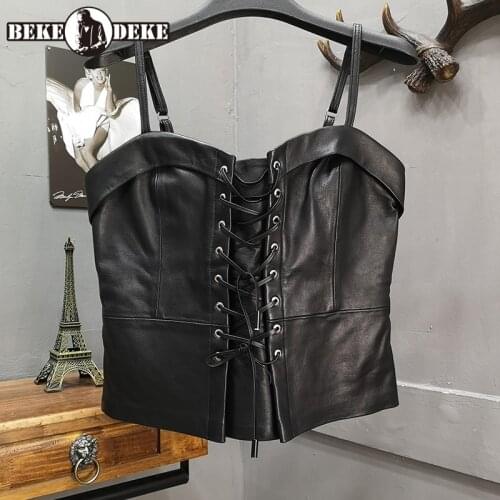Hot Sexy Ladies Straps Short Lace Up Vest Women Sheepskin Genuine Leather Sling Top Slim Fit Waistcoat Low Cut Gilet Vests