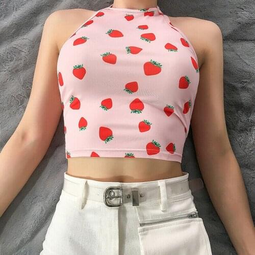 2019 Fashion Women Summer Casual Tank Tops Vest Bandage Halter Camis Tops Sleeveless Sexy Strawberry Printing Crop Top Tanks