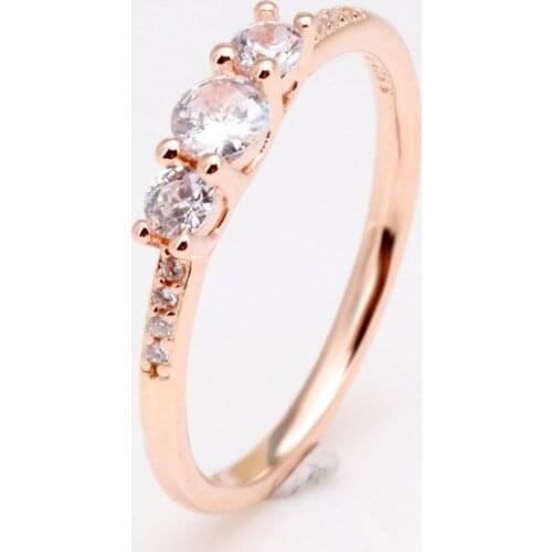 Original Rose Clear Three-Stone Rings With Crystal For Women 925 Sterling Silver Ring Wedding Party Gift Fine Europe Jewelry