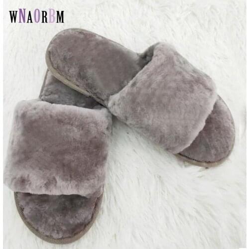 Winter fashion mens home slippers 100% sheep shearing fur warm shoes ladies slip flat shoes mens fur slippers 36-44