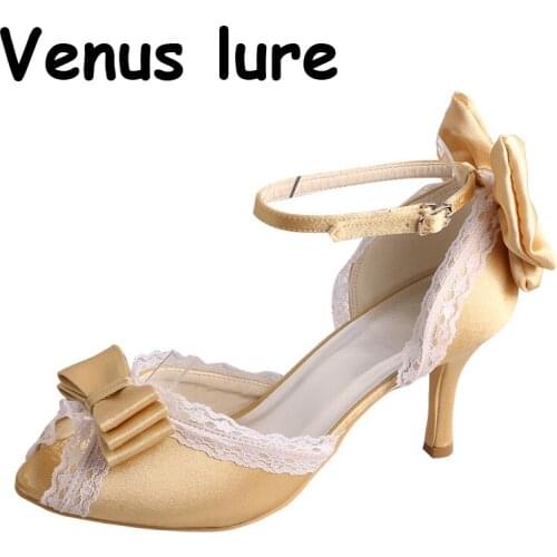 23 Colors Customized Gold Heels for Women Closed Toe with Bows Lace Details