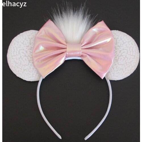 5" Pink Metallic Hair Bows Mouse Ears Hairband For Girls Glitter Sequins Headband DIY Kids Hair Accessories Party Boutique Mujer