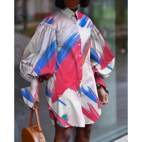 African Dresses for Women 2021 Summer African Women Long Sleeve Printing Long Sleeve Polyester Shirt Dress Woman Dress