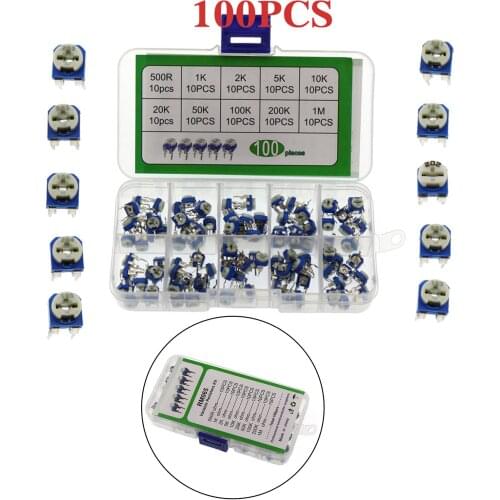 Artudatech 100pcs 10Value Potentiometer Trimpot Variable Resistor Assortment Box Kit RM065