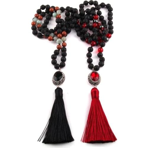 Free Shipping Bohemian Tribal Jewelry Fashion Natural Semi Precious Lava Stone Crystal Pave link Tassel Necklace