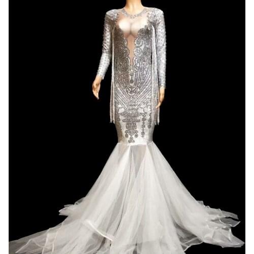 Sparkly Silver Rhinestones White Voile Tail Dress Womens Evening Prom Floor-length Long Party Dress Singer Performance Costume